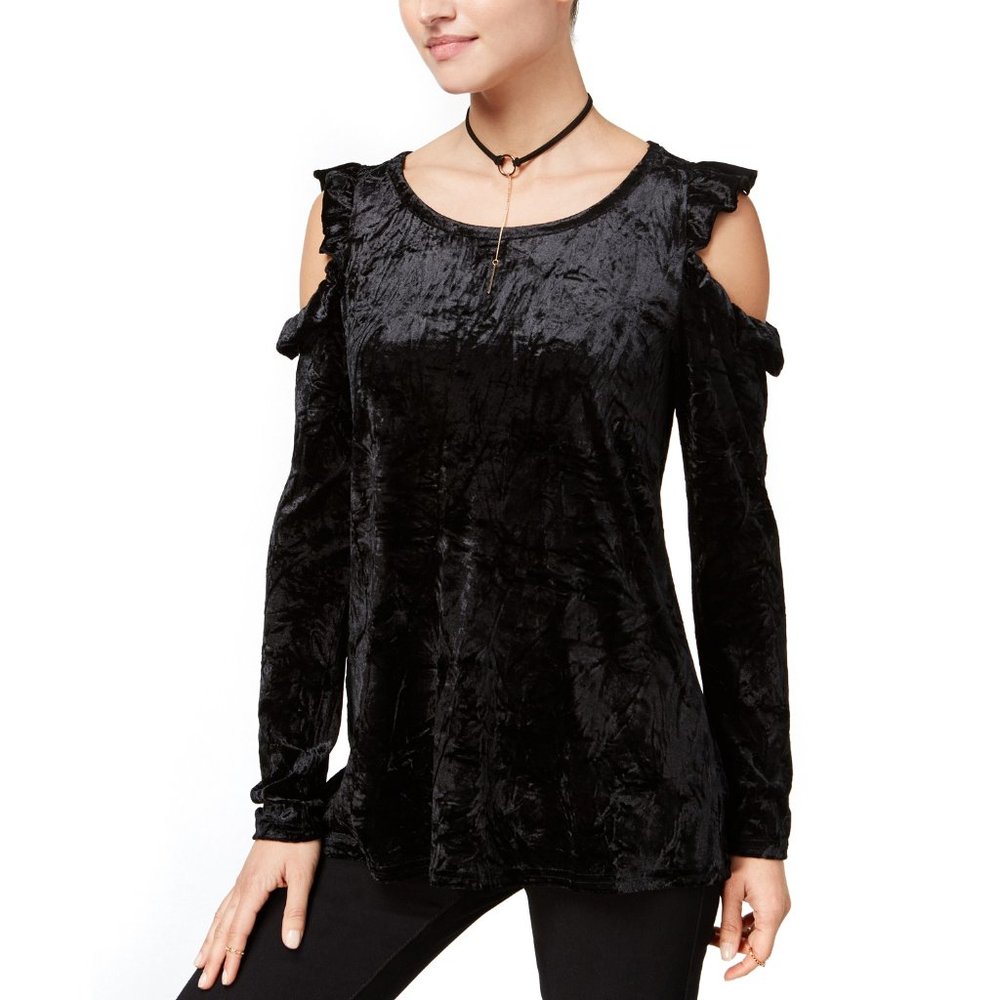 Ultra Flirt Juniors Velvet Ruffled Cold-Shoulder Top